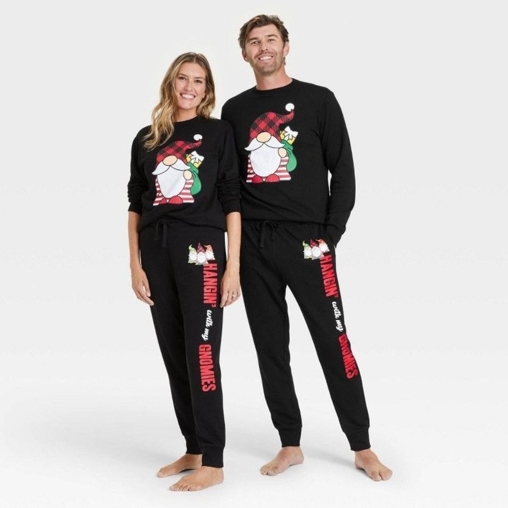 Adult Unisex Gnomie Family Holiday Graphic Jogger Pants - Black L Large